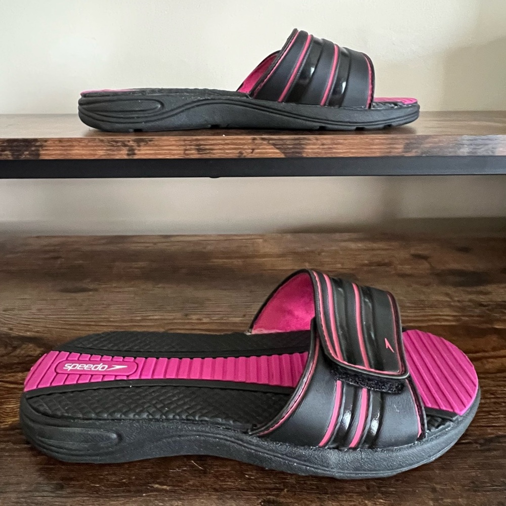 Speedo Slide Sandals Black Hot Pink Adjustable Strap Summer Pool Women's 10